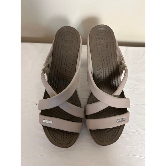 Crocs Cyprus IV Heel Beige Strappy Heeled Mules Sandals Size 7 - Picture 2 of 7